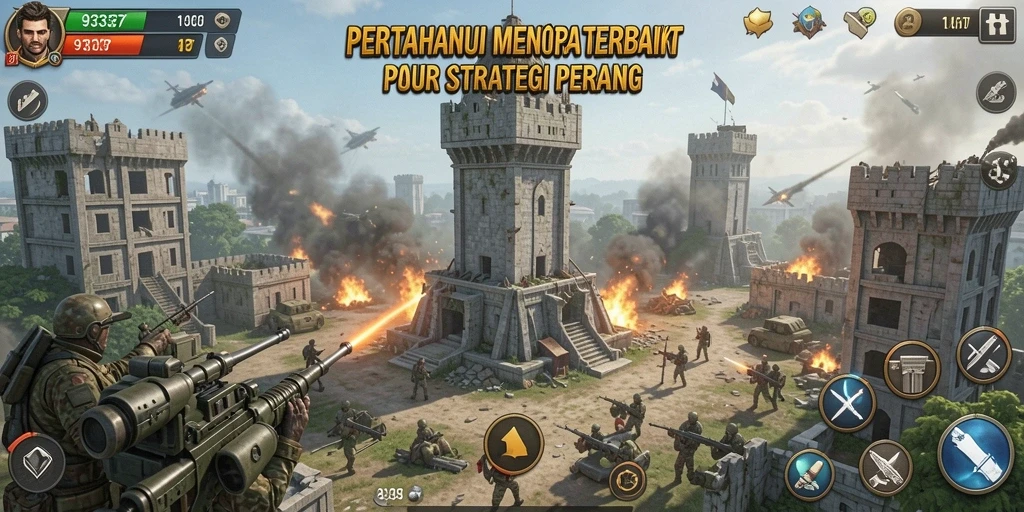 Screenshot menunjukkan aksi seru di 93337 dengan menara dan musuh yang berinteraksi.