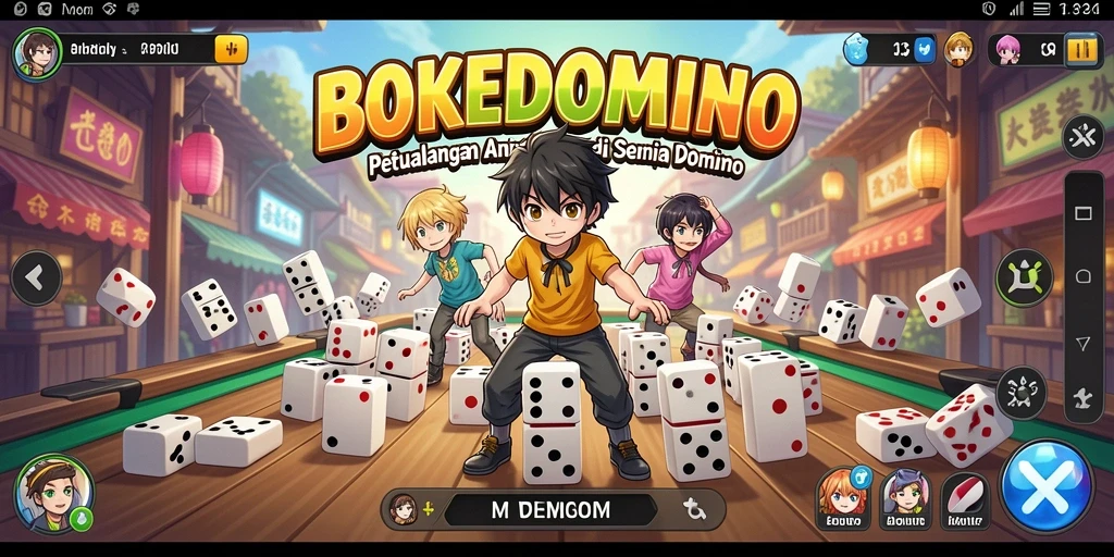 Tampilan gameplay BOKEDOMINO yang menampilkan karakter anime dan domino.