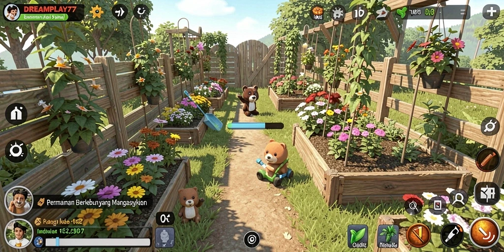 Tangkapan layar permainan menunjukkan proses berkebun yang mendetail dan menyenangkan.