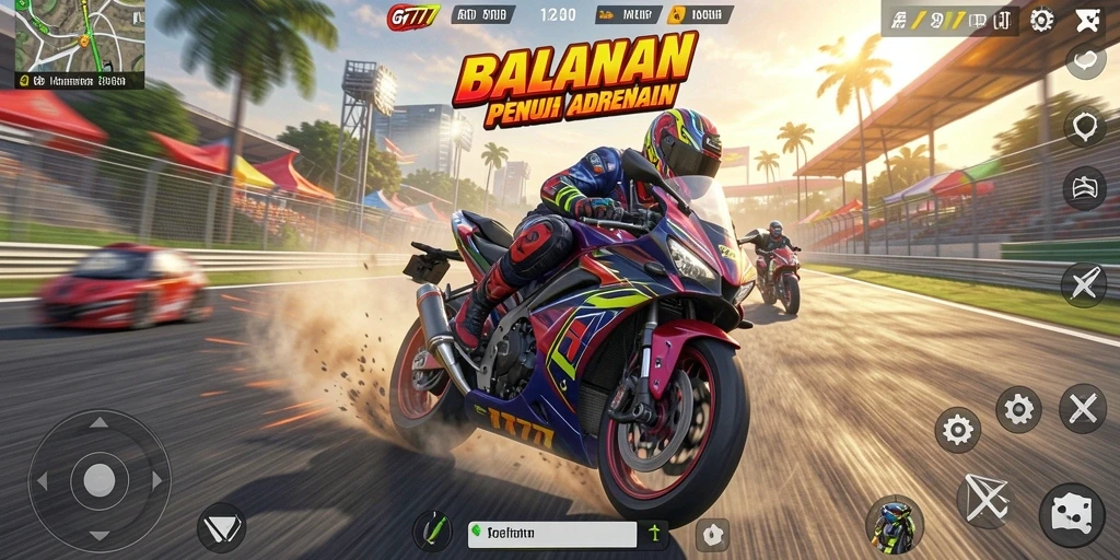 Gameplay GF777 dengan balapan motor yang seru dan menantang.