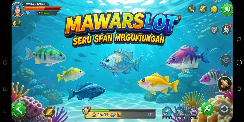 Screenshot gameplay MAWARSLOT saat memancing ikan dengan senjata.