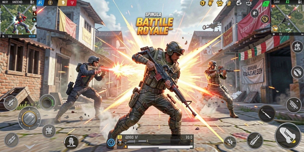 Screenshot gameplay SPINGILA yang menunjukkan aksi pertempuran Battle Royale.