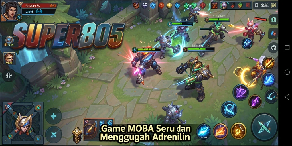 Tangkapan layar gameplay <strong>SUPER805</strong> menampilkan aksi MOBA yang seru dan menantang.