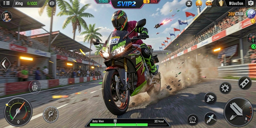 Screenshot gameplay SVIP2 menampilkan balapan motor yang penuh aksi.